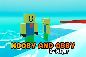 Dva blokové postavy stojí na plošině u moře s textem NOOBY AND OBBY 2-Player