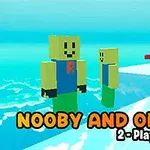 Dva blokové postavy stojí na plošině u moře s textem NOOBY AND OBBY 2-Player
