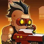 Postava s černým čírem a brýlemi drží futuristickou zbraň, na pozadí průmyslové prostředí