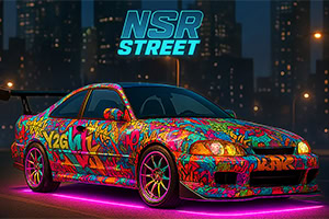 Auto s pestrým graffiti designem a růžovým neonovým podsvícením stojící v nočním městě