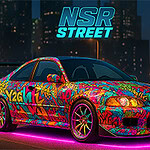Auto s pestrým graffiti designem a růžovým neonovým podsvícením stojící v nočním městě