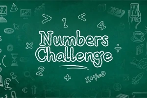 Kreslený nápis Numbers Challenge na zelené tabuli obklopený matematickými symboly a ilustracemi