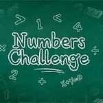 Kreslený nápis Numbers Challenge na zelené tabuli obklopený matematickými symboly a ilustracemi