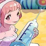 Dívka s růžovými vlasy a andělskými křídly držící velkou injekční stříkačku