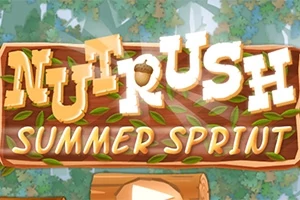 Název Nut Rush Summer Sprint je zobrazen na dřevěné tabuli s listy na pozadí