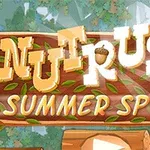 Název Nut Rush Summer Sprint je zobrazen na dřevěné tabuli s listy na pozadí