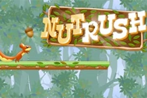 Veverka běží po zelené plošině v lese směrem k žaludu, s nápisem Nut Rush na dřevěné ceduli
