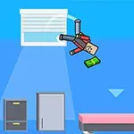 Postavička s komiksovým vzhledem drží peníze a létá po modrém pokoji s nábytkem