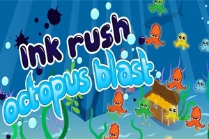 Barevné chobotničky plují kolem podmořského domečku s nápisy ink rush a octopus blast na modrém pozadí s bublinami
