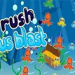 Barevné chobotničky plují kolem podmořského domečku s nápisy ink rush a octopus blast na modrém pozadí s bublinami