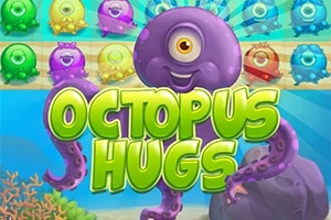 Fialová chobotnice s jedním okem s barevnými bublinami v pozadí a nápisem OCTOPUS HUGS