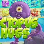 Fialová chobotnice s jedním okem s barevnými bublinami v pozadí a nápisem OCTOPUS HUGS