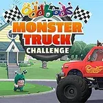 Červené monster truck s postavičkami v pestrobarevných kostýmech s anténkami, stojící na trávníku před domem s nápisy a šachovnicovými vlajkami