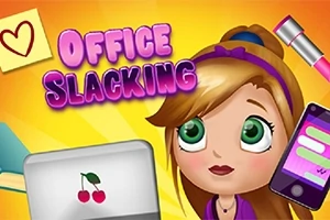 Dívka s velkýma zelenýma očima a hnědými vlasy, notebook s motivem třešní, růžový telefon a text Office Slacking