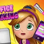 Dívka s velkýma zelenýma očima a hnědými vlasy, notebook s motivem třešní, růžový telefon a text Office Slacking