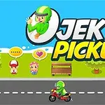 Osoba na motorce v helmě projíždí po cestě s názvem JeK Pickup v popředí, zatímco dvě postavičky stojí vedle lavičky na trávě