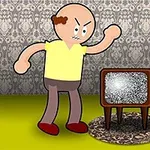Kreslená postava v žlutém tričku a červených botách se tváří naštvaně vedle staré televize se šuměním, v místnosti s ozdobnou tapetou a obrazem Moneta na stěně