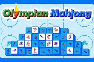 Logo nápisu Olympian Mahjong nad pyramidou z modrých dlaždic s ikonami sportovců na pozadí připomínajícím ledovou plochu