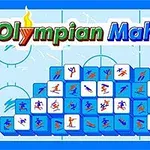 Logo nápisu Olympian Mahjong nad pyramidou z modrých dlaždic s ikonami sportovců na pozadí připomínajícím ledovou plochu