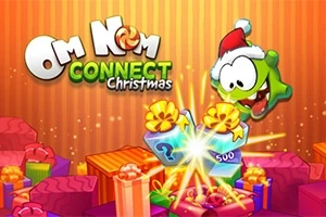 Zelená kreslená postavička s čepicí Santa Clause mezi vánočními dárky a nápisem Om Nom Connect Christmas