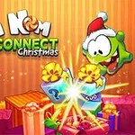 Zelená kreslená postavička s čepicí Santa Clause mezi vánočními dárky a nápisem Om Nom Connect Christmas