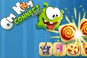 Zelená kreslená postavička s velkýma očima se směje vedle sladkostí a textu Om Nom Connect Classic