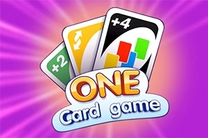 Tři hrací karty s různými symboly na fialovém, zářivém pozadí s nápisem ONE Card Game
