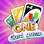 Tři hrací karty s různými symboly na fialovém, zářivém pozadí s nápisem ONE Card Game