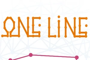 Nápis ONE LINE vytvořený z oranžových bodů s pozadím propletených čar