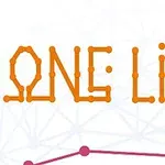 Nápis ONE LINE vytvořený z oranžových bodů s pozadím propletených čar