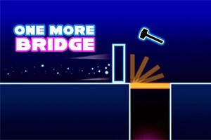 Modrá scéna s bílými hranicemi, kladivem a nápisem „One More Bridge“ v růžové a bílé barvě