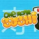 Barevné logo s textem a dvěma sushi kousky na modrém pozadí