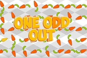 Barevný nápis ONE ODD OUT na světlém pozadí s opakujícím se vzorem mrkví