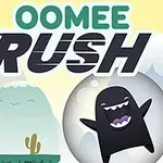 Dvě kreslené postavy s úsměvy na světle žlutém a modrém pozadí s nápisem OOMEE RUSH nahoře