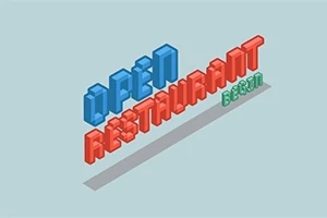 Nápis OPEN RESTAURANT BEGIN v izometrickém stylu s modrými, červenými a zelenými písmeny na světle modrém pozadí