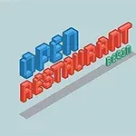 Nápis OPEN RESTAURANT BEGIN v izometrickém stylu s modrými, červenými a zelenými písmeny na světle modrém pozadí