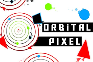 Kruhy různých barev a velikostí s geometrickými tvary na bílém pozadí a nápisem ORBiTAL PiXEL