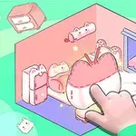 Ilustrace zobrazuje roztomilý kreslený pokoj s růžovými a pastelově barevnými prvky, kde ruka posunuje stylizovaný předmět ve tvaru jablka
