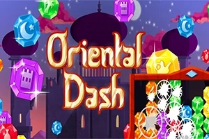 Barevné drahokamy před siluetou paláce s nápisem Oriental Dash na pozadí noční oblohy