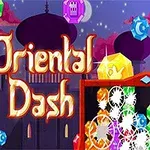 Barevné drahokamy před siluetou paláce s nápisem Oriental Dash na pozadí noční oblohy