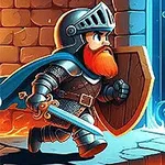 Rytíř s mečem a štítem běžící směrem k otevřeným dveřím s modrým světlem v kamenné chodbě
