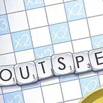 Písmena na herní desce tvořící slovo OUTSPELL s multiplikátory bodů na pozadí