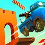Modrý náklaďák skáče přes rozestavěný most s oranžovými dopravními kužely v pozadí