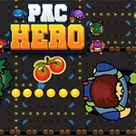 Barevný labyrint s kreslenými postavičkami, názvem hry PAC HERO a obrázky třešní uprostřed