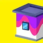 Barevná ilustrace malé budovy s purpurovými a růžovými pruhy na žlutém pozadí