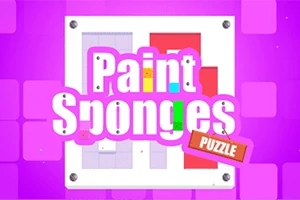 Barevné logo s nápisem Paint Sponges Puzzle na fialovém pozadí s geometrickými tvary