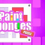 Barevné logo s nápisem Paint Sponges Puzzle na fialovém pozadí s geometrickými tvary