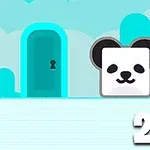 Růžové prasátko a bílá panda s klíčovou dírkou mezi nimi na modrém pozadí