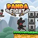 Dvě kreslené pandy v ninja oblečení bojují, zatímco třetí panda vypadá překvapeně, s nápisem Panda Fight v pozadí