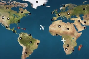 Mapa světa s ikonami letadel a symboly na různých místech kontinentů
